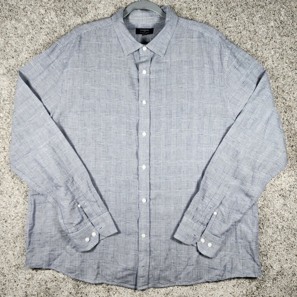 Banana Republic Button Down Mens XXL Slim Linen Blend Glen Plaid Blue Excellent